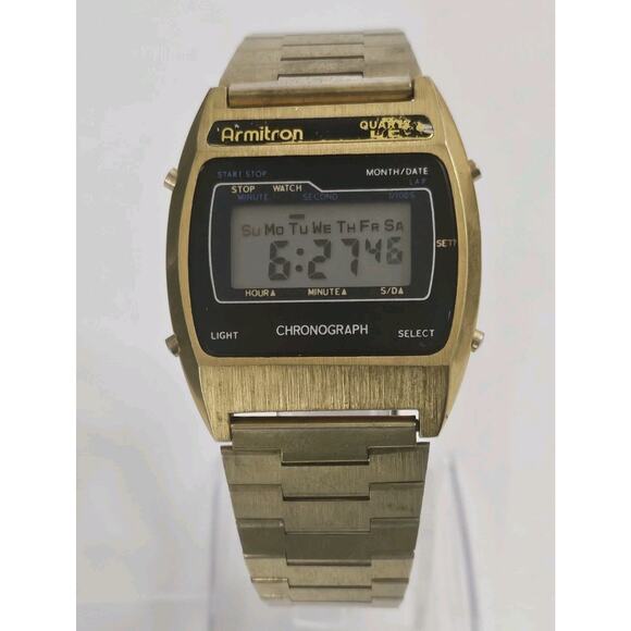 Vintage 1980s Men's Armitron Gold Plated Digital LCD Alarm Chrono Quartz Watch